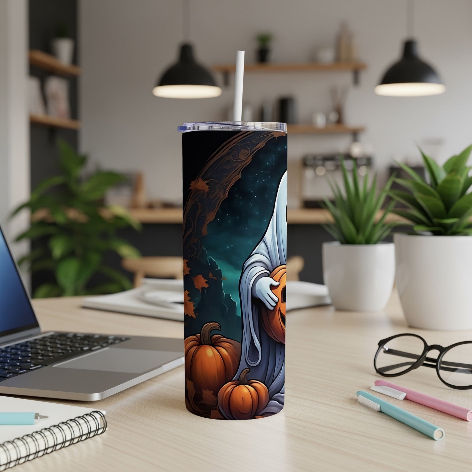 Halloween tumbler with ghost, pumpkins, and starry night design