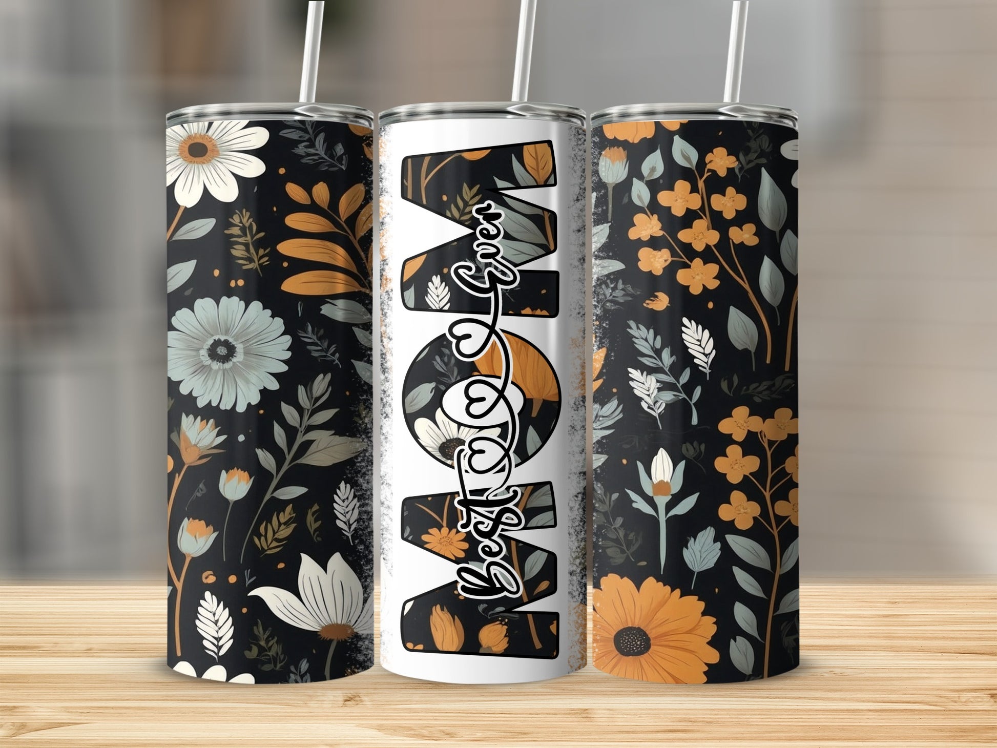 Three floral patterned tumblers with "Best Mom Ever" text.