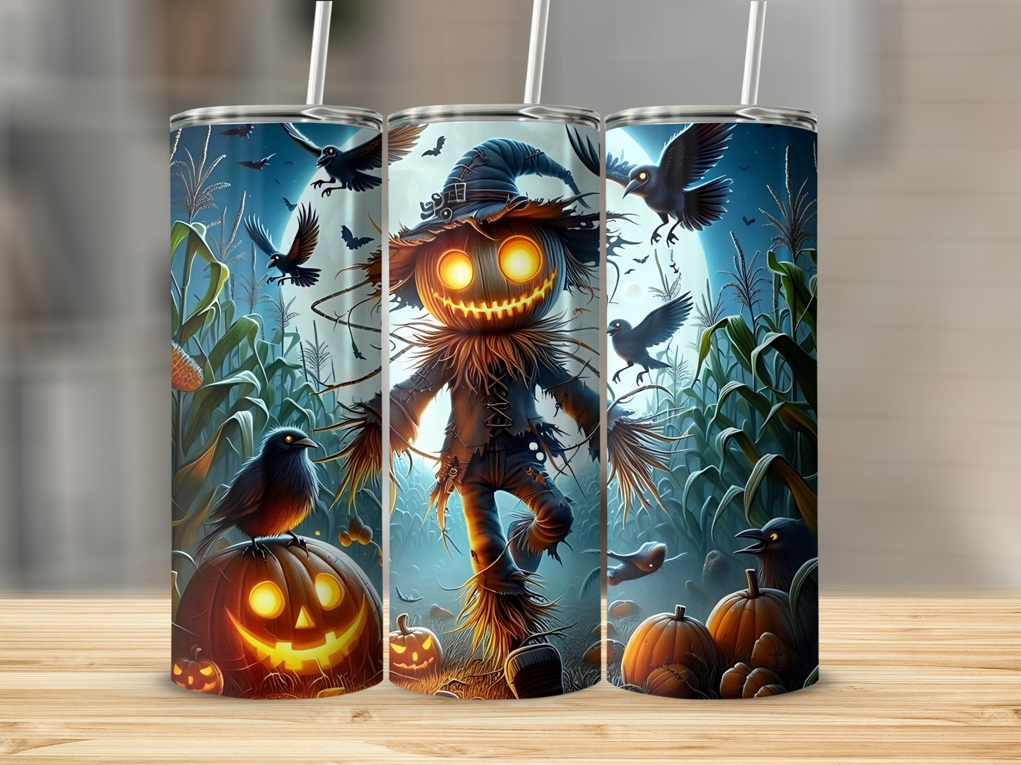 Halloween scarecrow with glowing eyes, crows, pumpkins, and cornfield under a full moon.