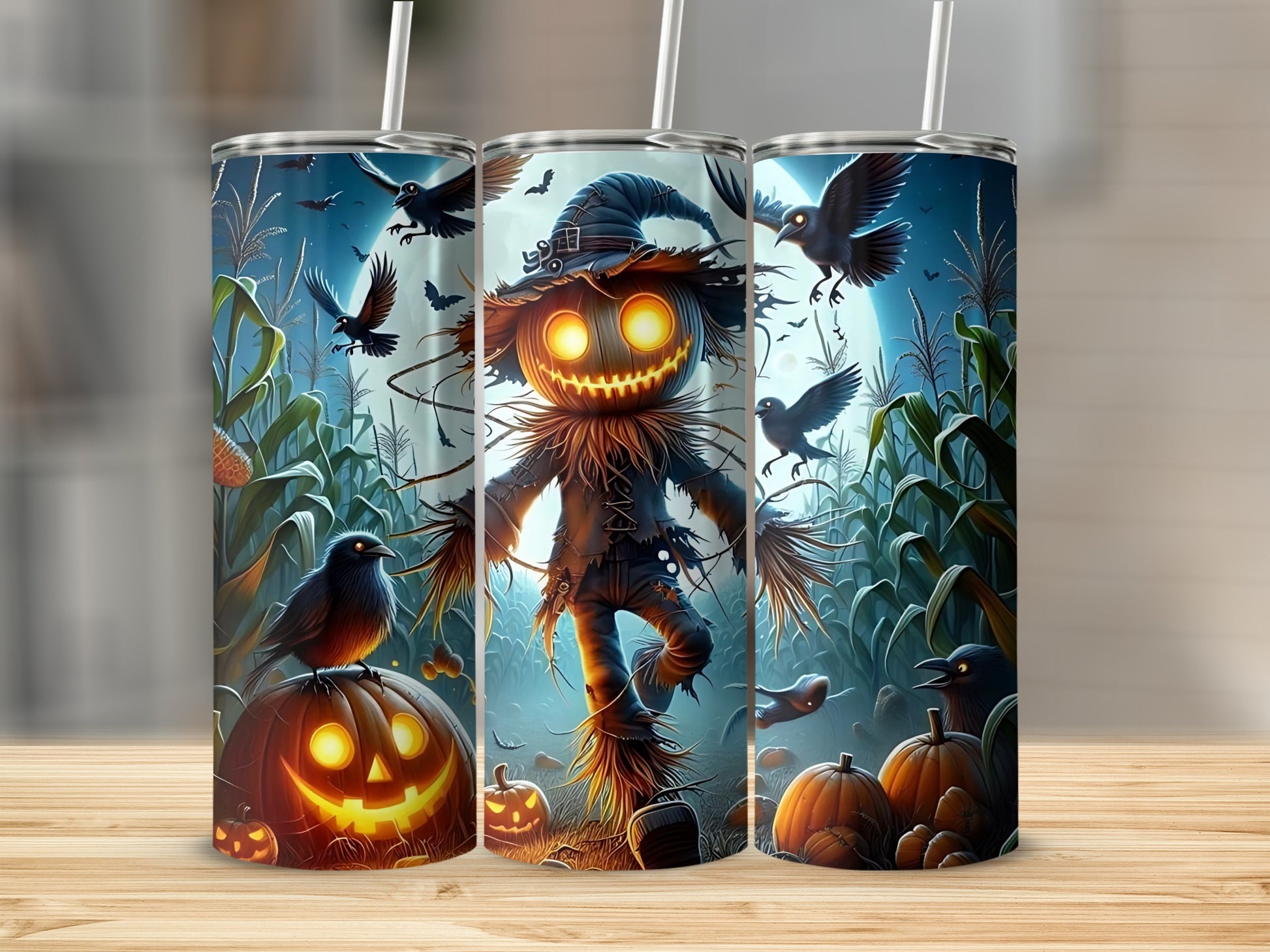 Halloween scarecrow with glowing eyes, crows, pumpkins, and cornfield under a full moon.