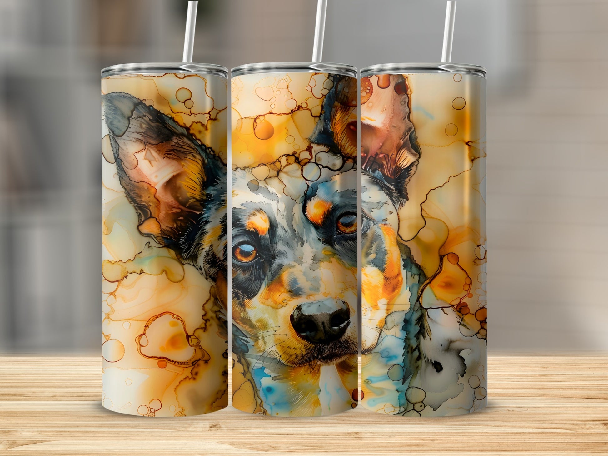 Watercolor-style Australian Cattle Dog art on three tumblers with straws.