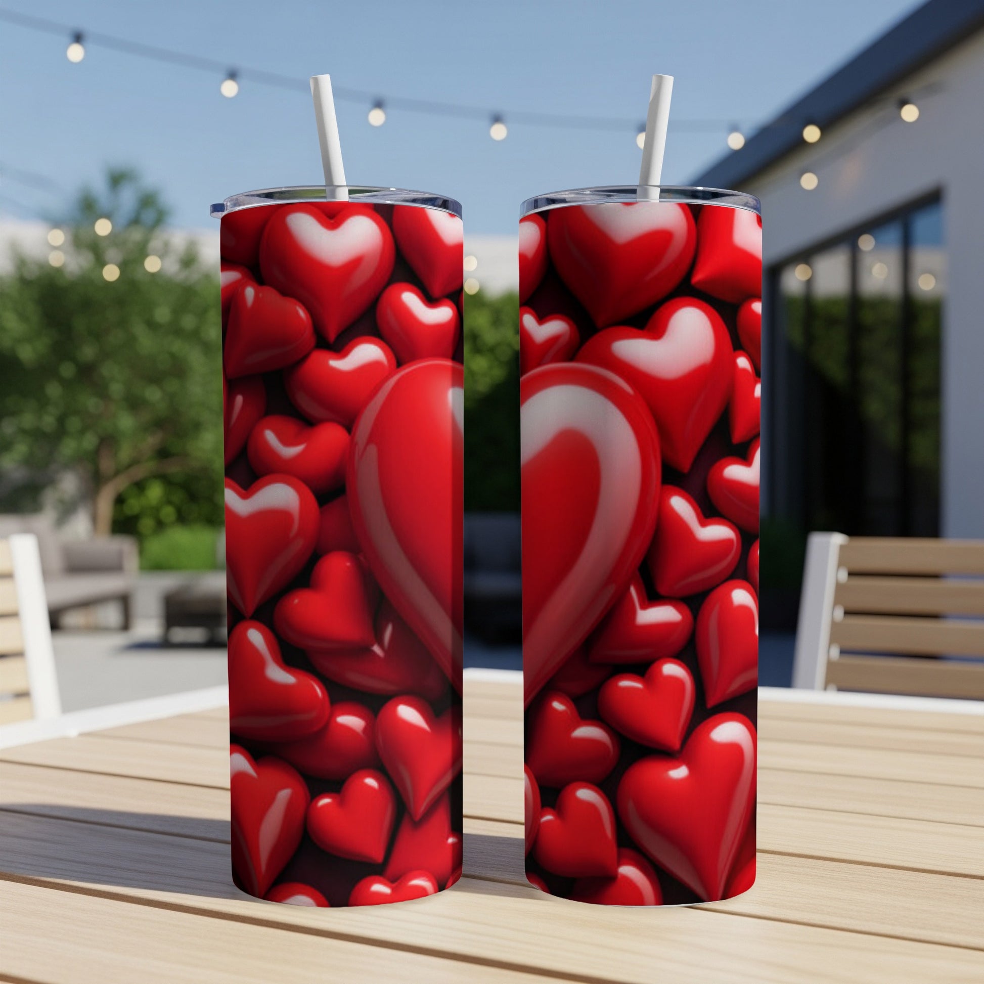 Two tall tumblers with red heart pattern on an outdoor table.