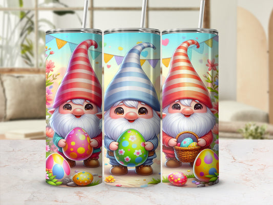 Three gnomes holding Easter eggs, with a basket and more eggs.
