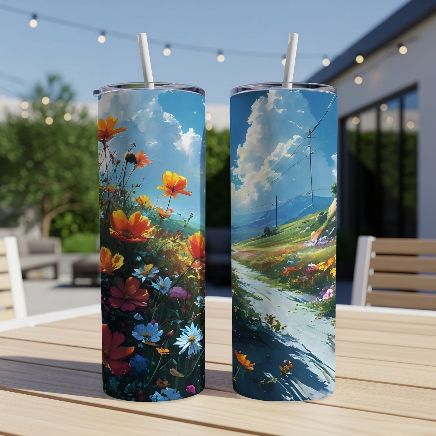 Two tumblers displaying vibrant wildflowers and a scenic landscape under a blue sky.