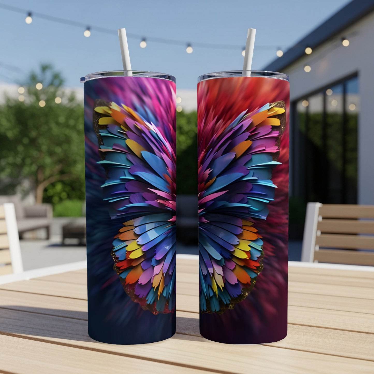 Two colorful butterfly-themed tumblers on a wooden table outdoors.