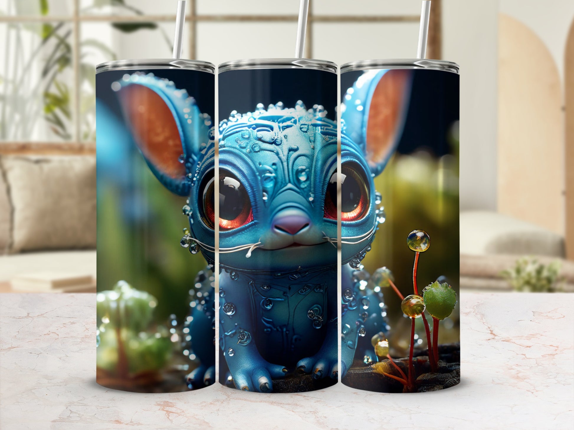 Blue alien creature with large eyes and straw in cup on blurred background.