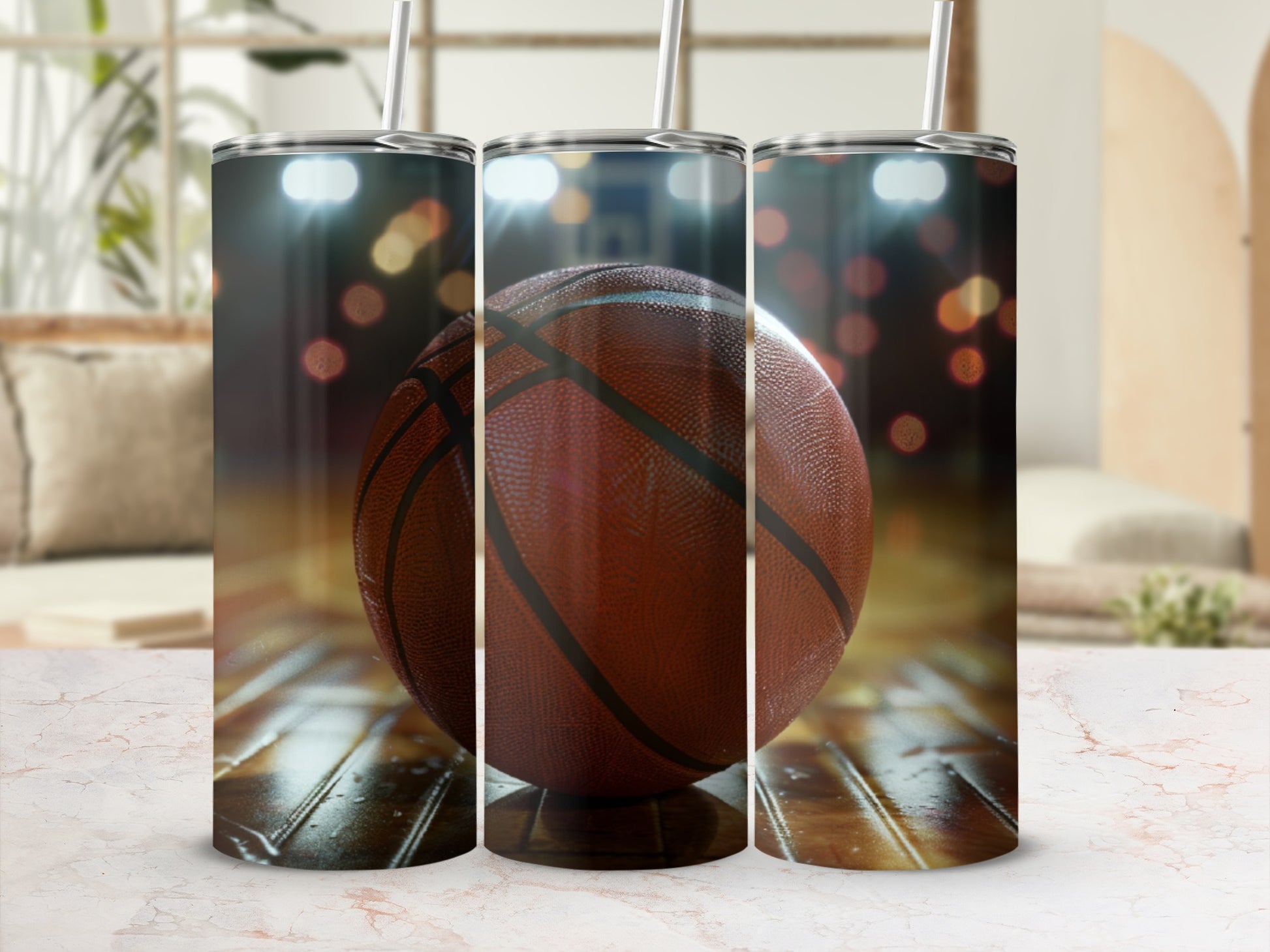Basketball tumbler with studio lighting and blurred background.