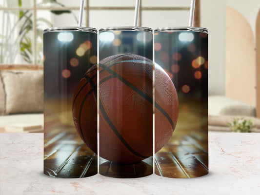 Basketball tumbler with studio lighting and blurred background.