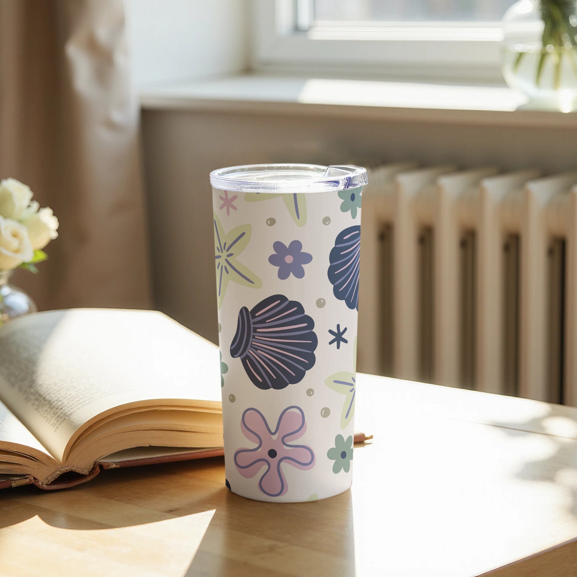 Floral Shells Print Design Insulated Travel Tumbler