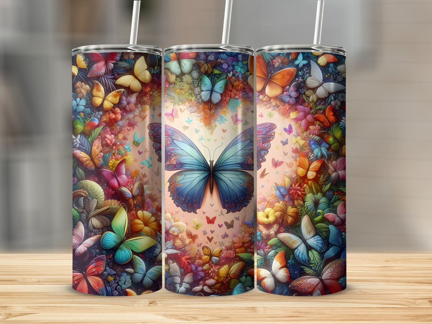 Three tumblers decorated with colorful butterflies and floral patterns.