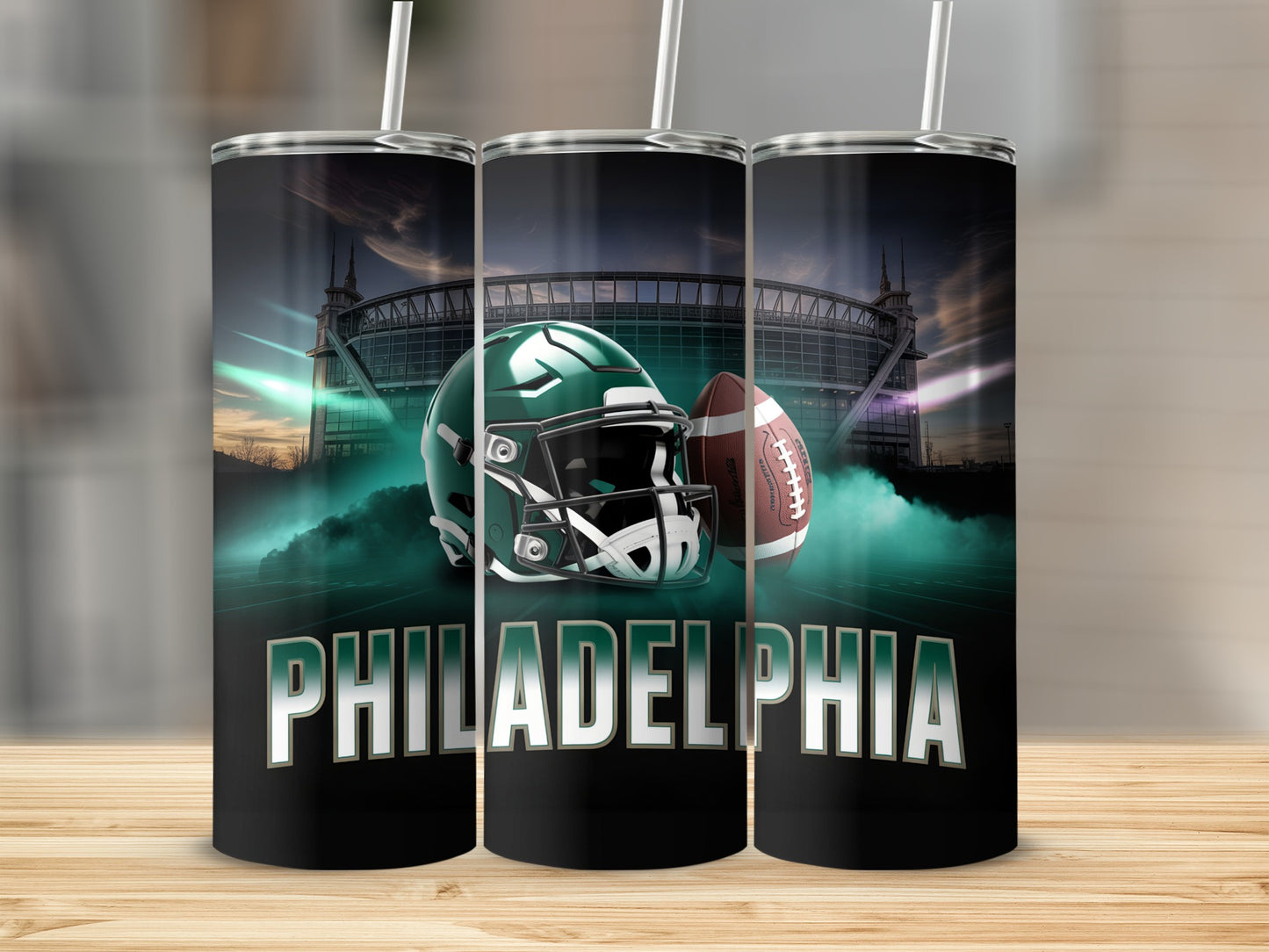 Philadelphia Eagles helmet and football with stadium background.