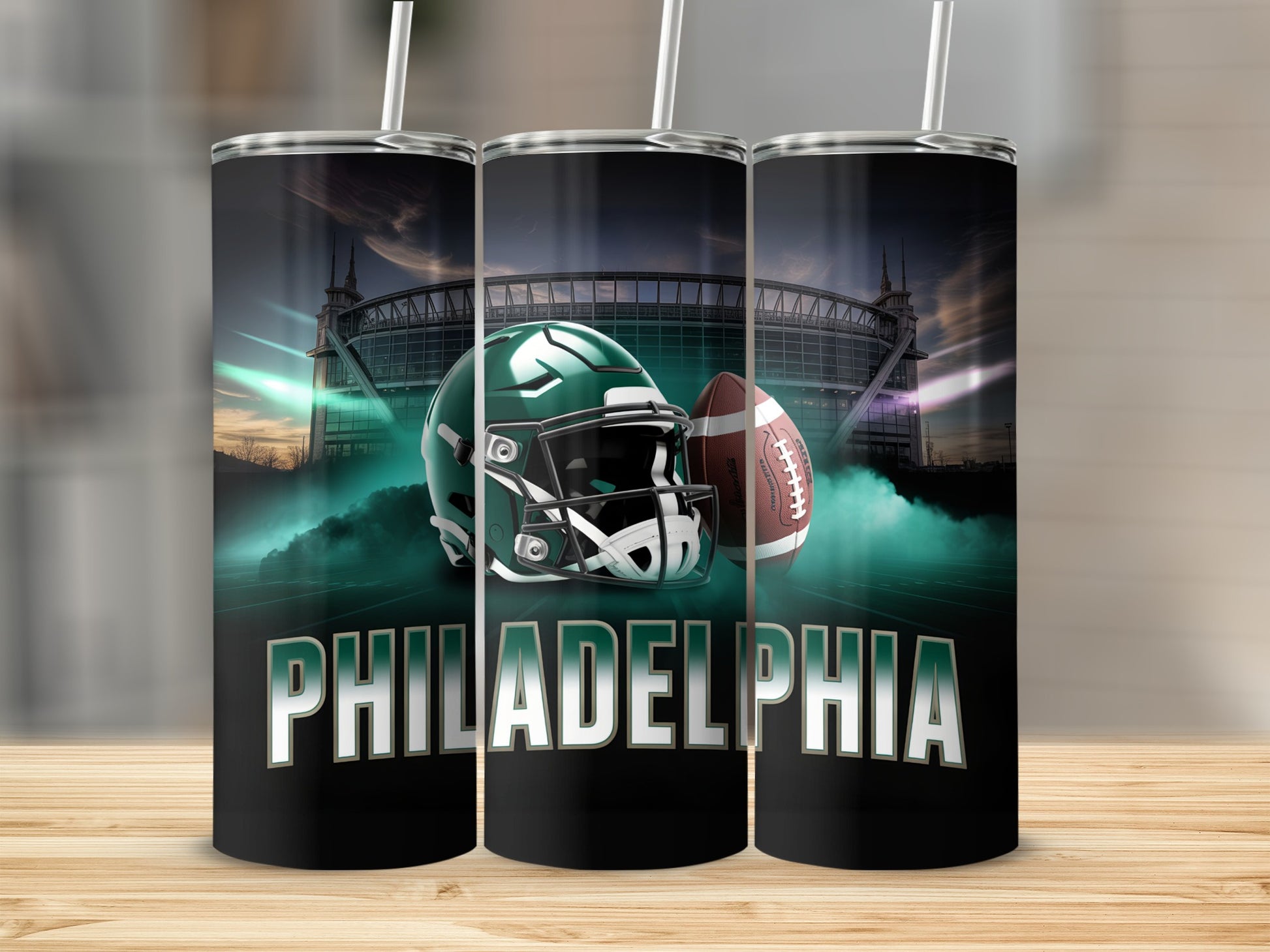 Philadelphia Eagles helmet and football with stadium background.