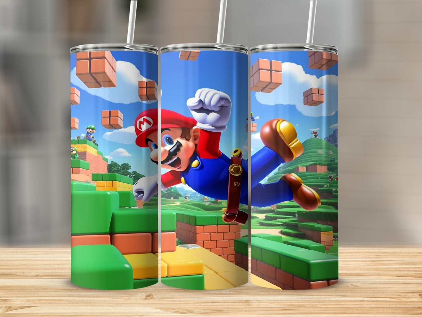 Mario jumping through a video game level with blocks and clouds.