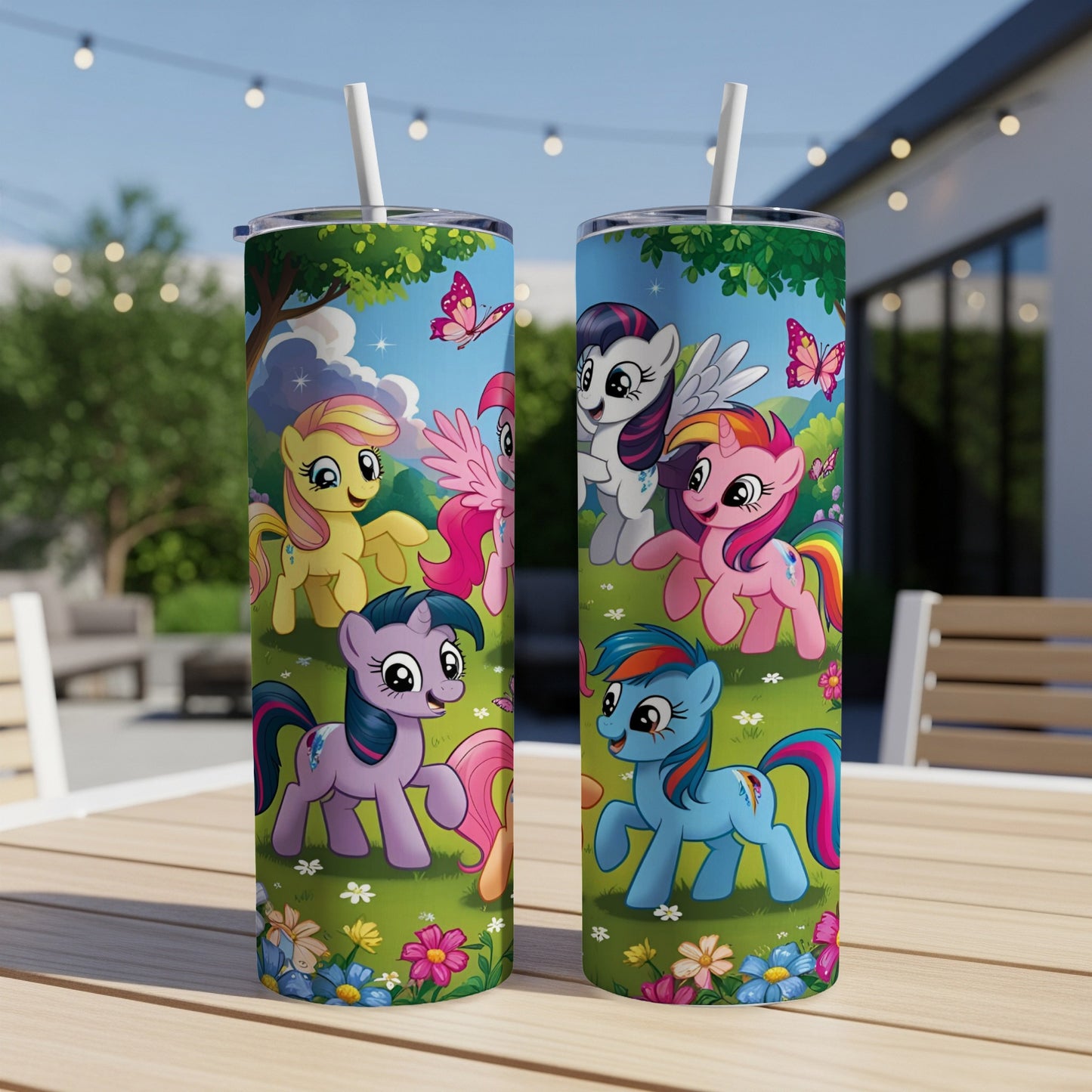 My Little Pony characters on a colorful tumbler with flowers and butterflies.