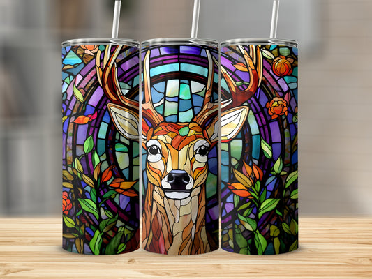 Three tumblers with stained glass deer and floral designs.