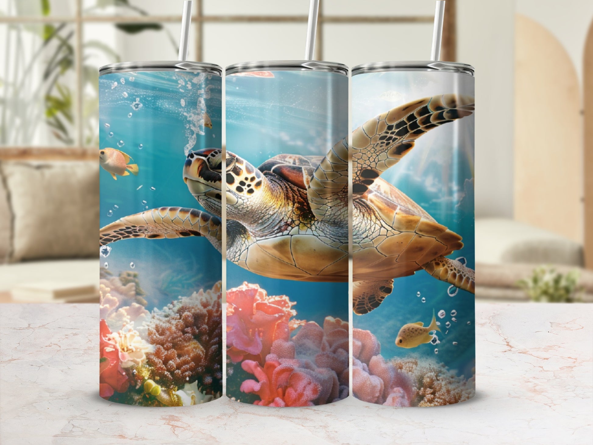 Sea turtle swims through colorful coral reef with small fish.