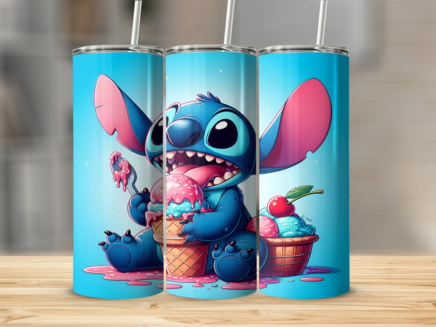 Stitch character holding ice cream cones and eating ice cream from a spoon.