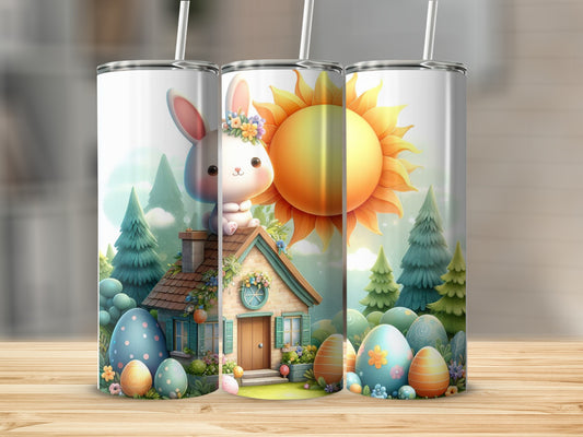 Easter bunny with colorful eggs and sun design on a skinny tumbler.