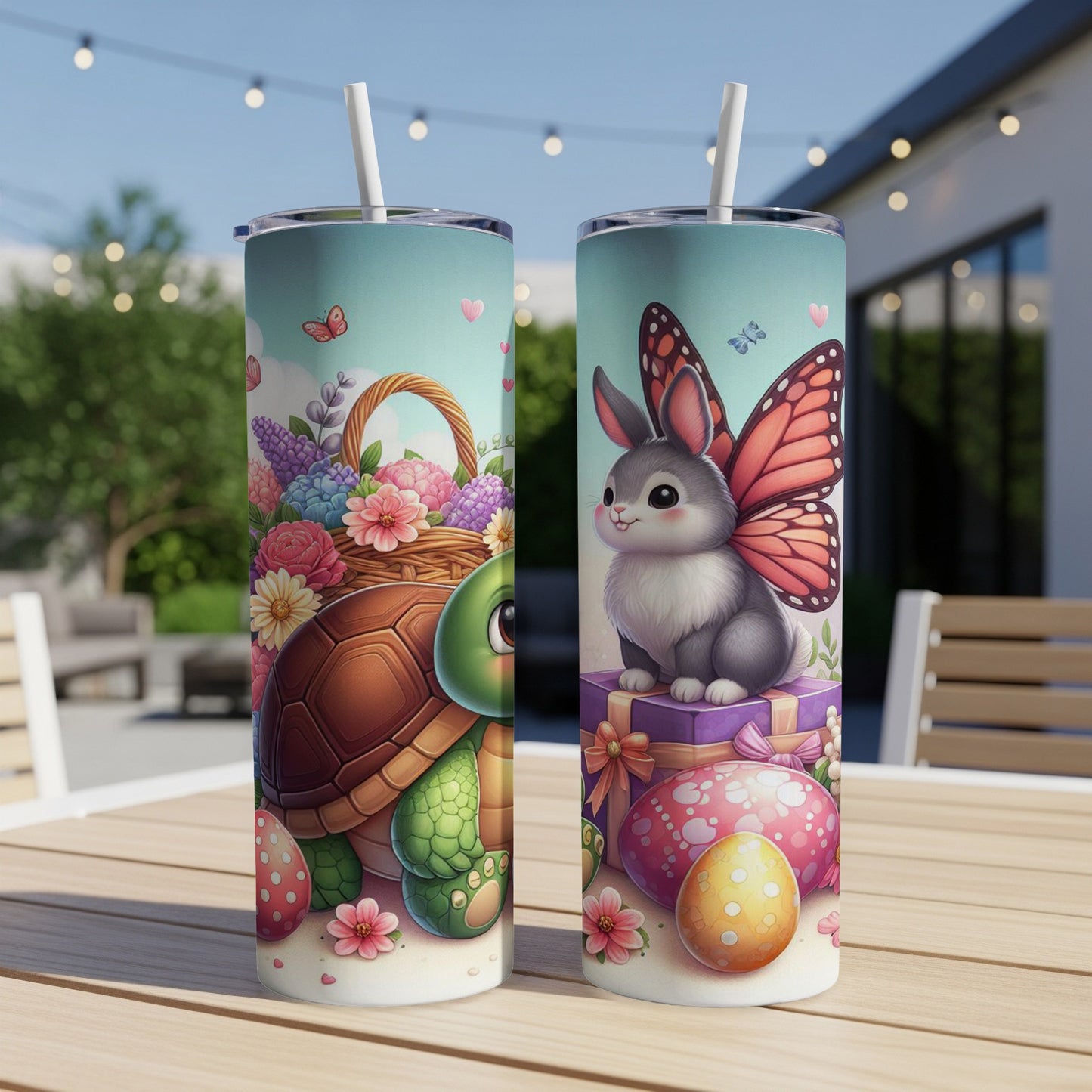 Easter bunny with butterfly wings and turtle on decorated table with eggs.