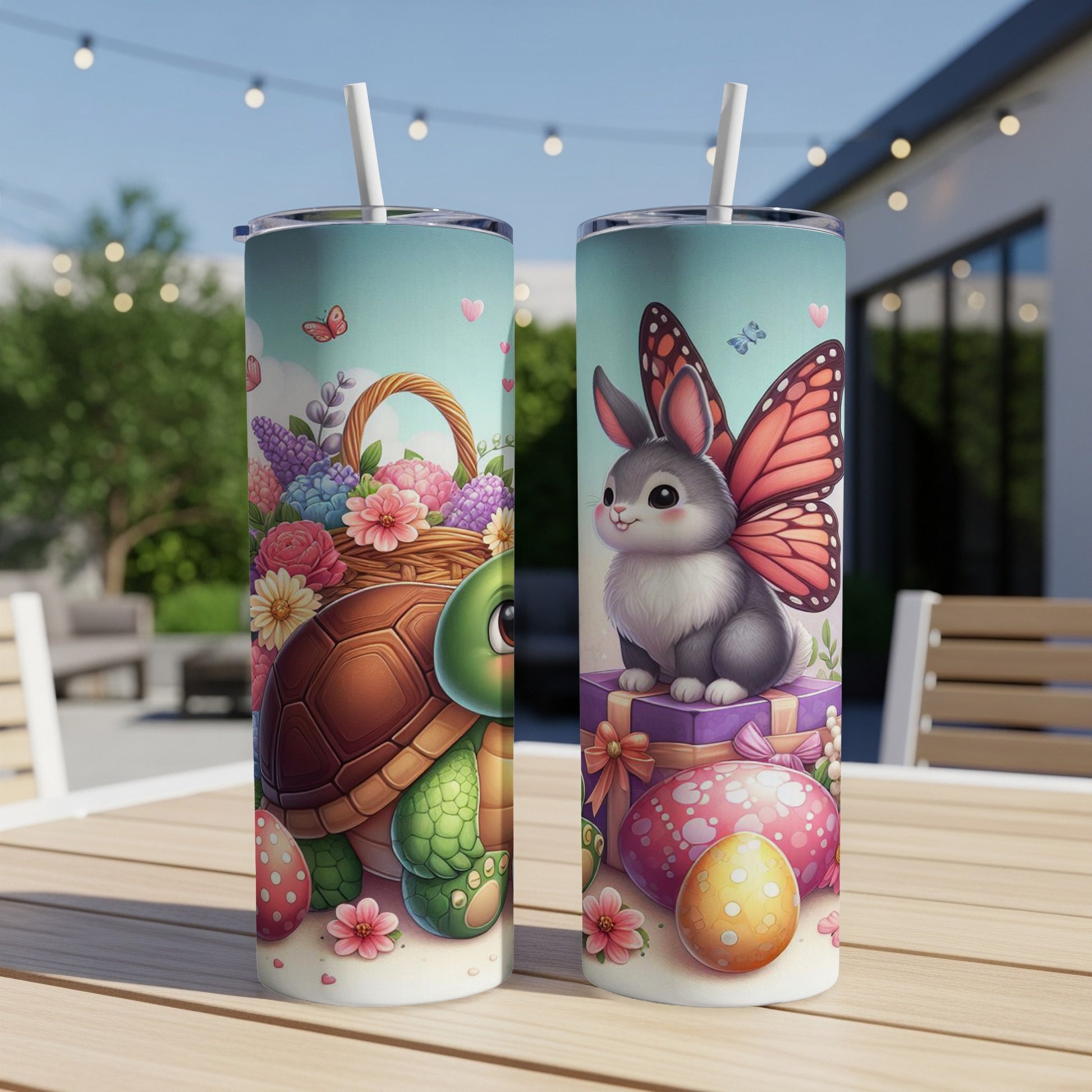 Easter bunny with butterfly wings and turtle on decorated table with eggs.