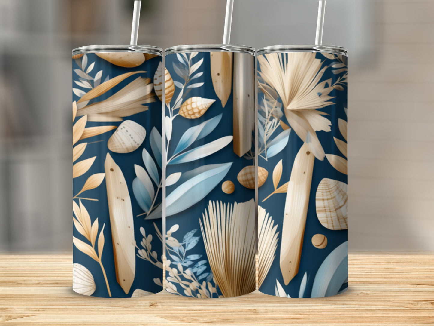 Tumbler with navy blue background and botanical, seashell, and wood grain pattern.
