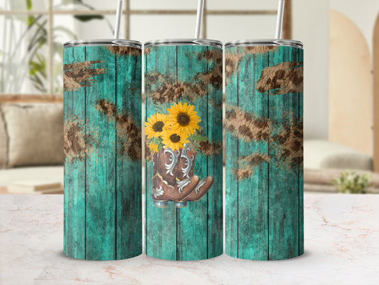 Wood-textured tumbler with cowboy boot and sunflowers design.