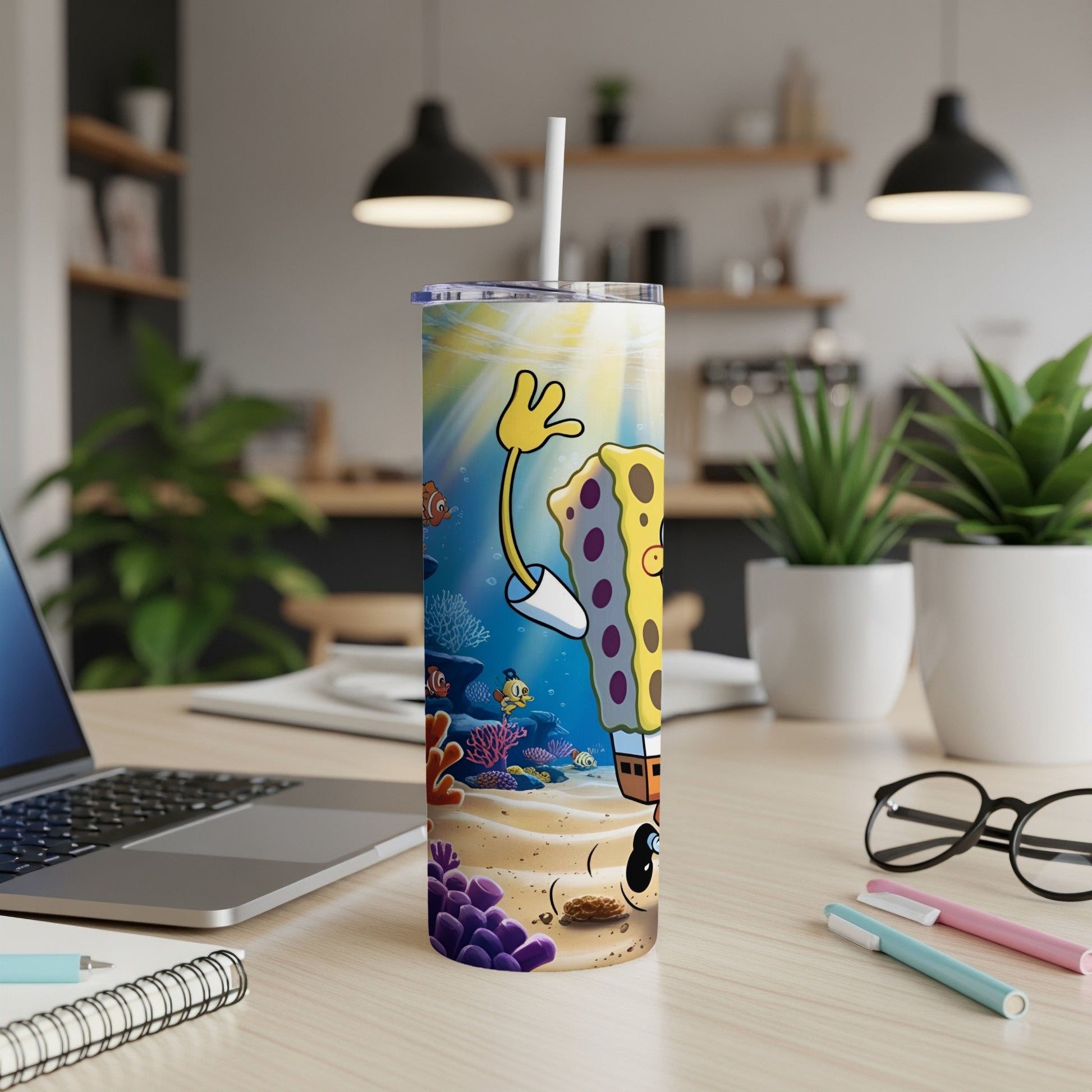 SpongeBob SquarePants character on a yellow tumbler with underwater scene.