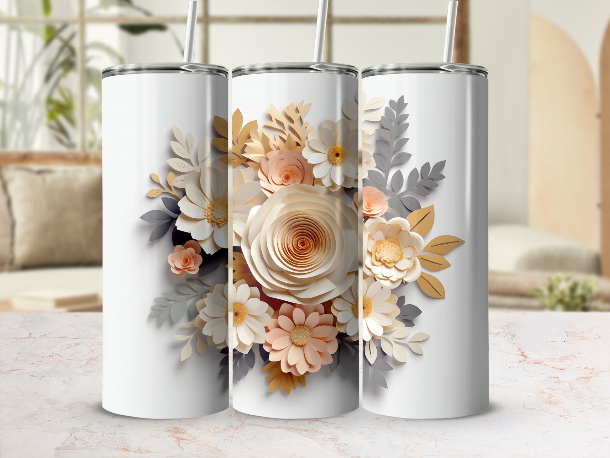 Elegant Floral Design with Straw Tumbler Drinkware