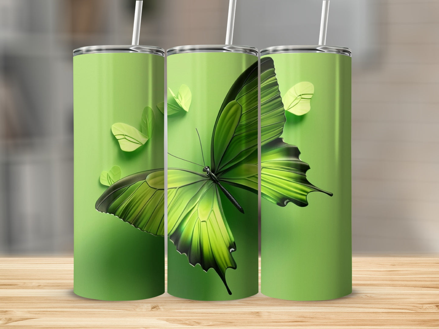 Green butterfly with lime green wings on a lime green tumbler.