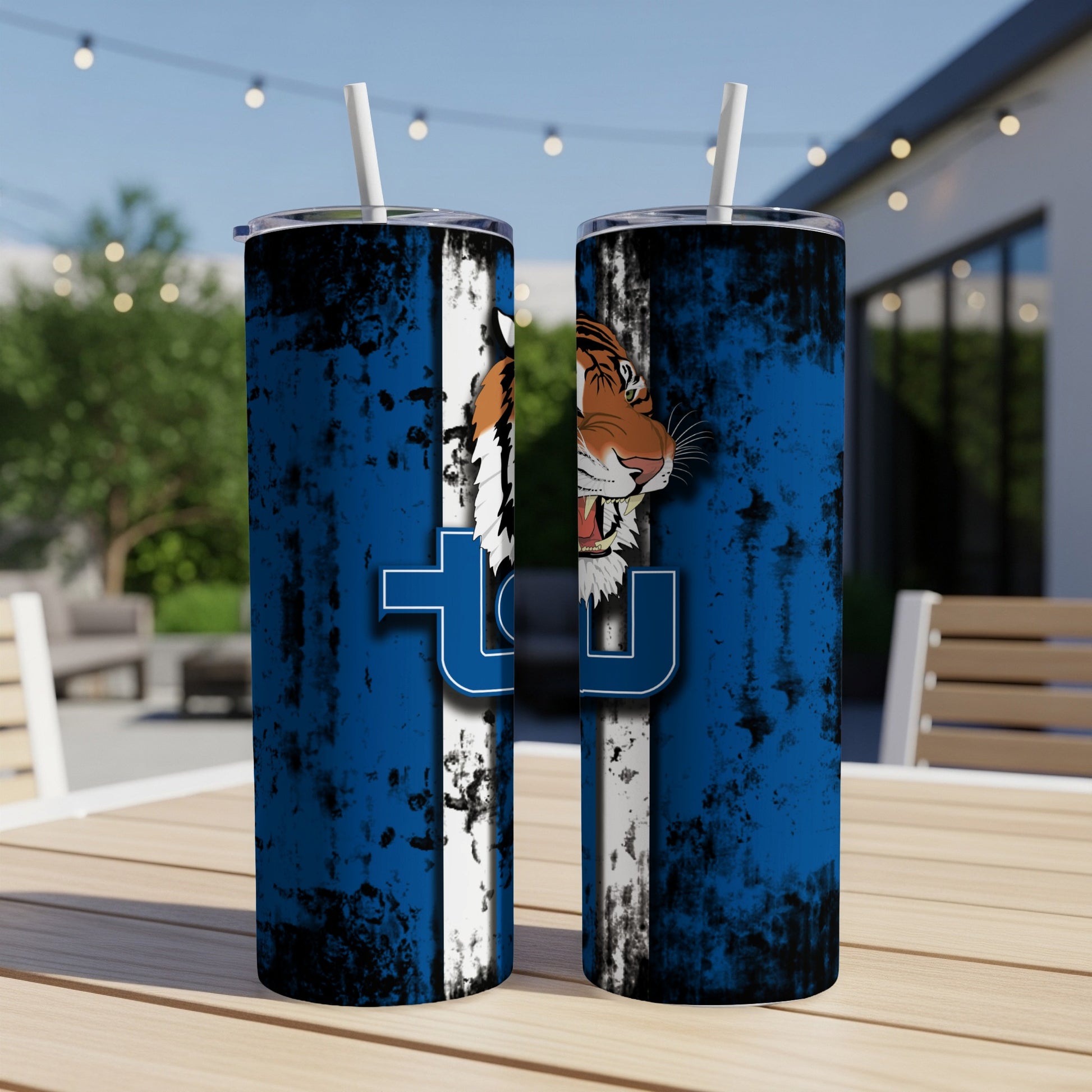 Two tumblers with a distressed blue stripe design and a tiger mascot.