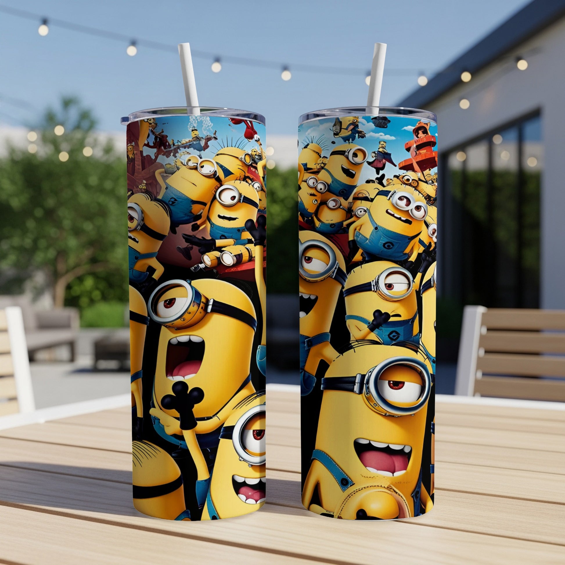 Two Minion-themed tumblers with straw, featuring multiple cartoon characters.
