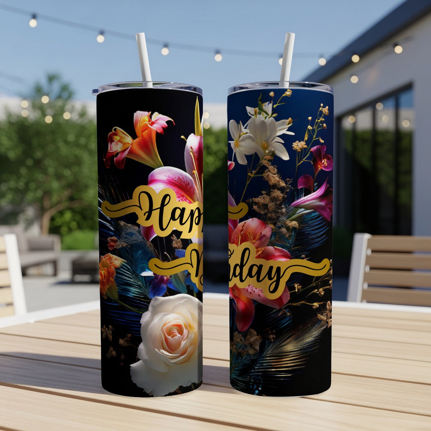 Two tumblers with floral designs and "Happy Birthday" text.