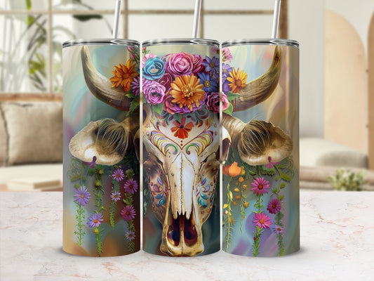 Floral skull cow tumbler with straw, set of three.