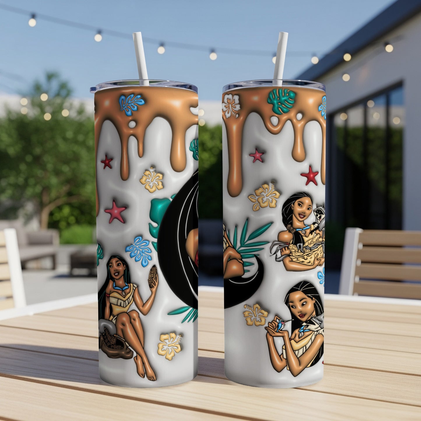 Two Disney's Pocahontas themed tumblers with caramel drip design and floral accents.