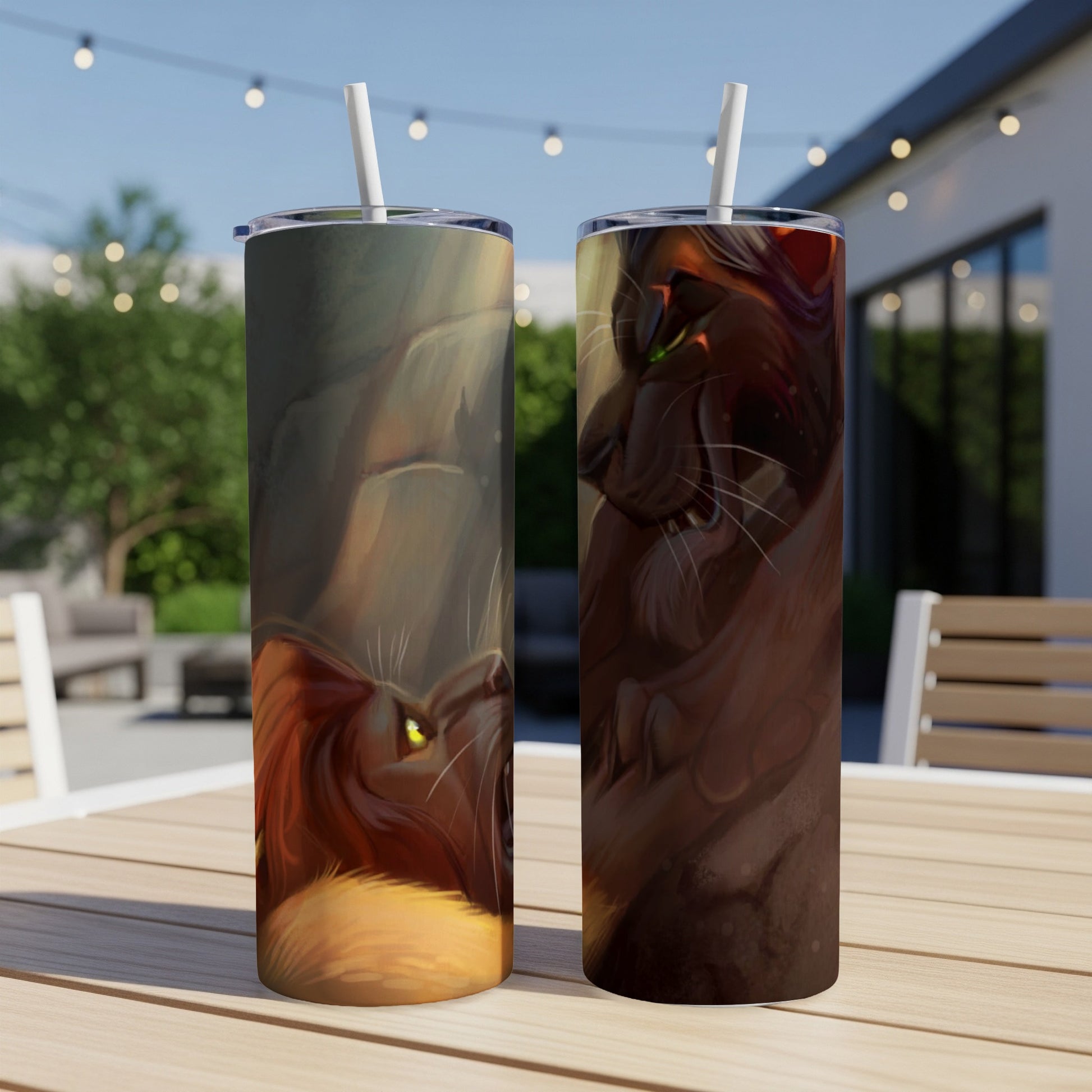 Two tumblers featuring a detailed illustration of a lion's face.