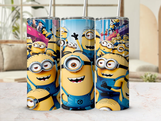 Three Minions from Despicable Me on blue and yellow tumblers.