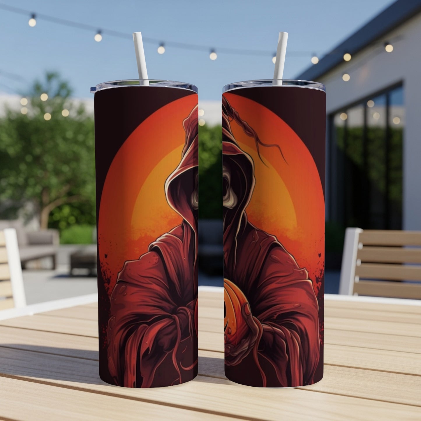 Two tumblers featuring a grim reaper holding a pumpkin against an orange circular background.