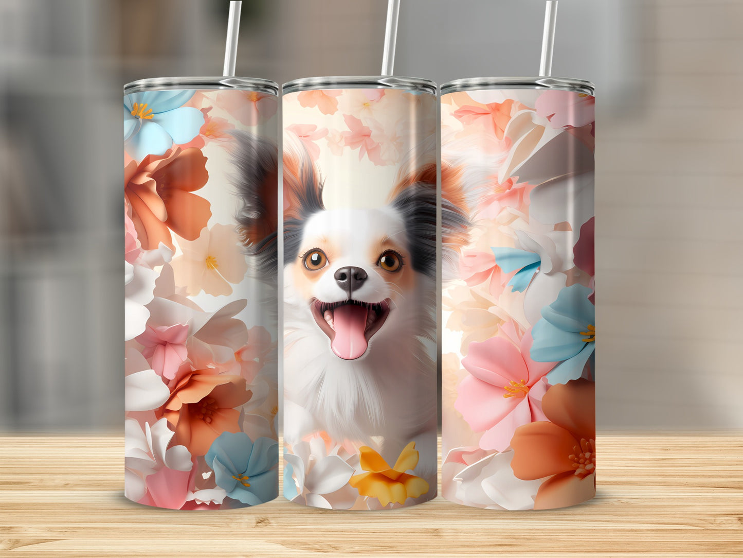 Cheerful Papillon Dog Spring Flower Art Drink Container product type