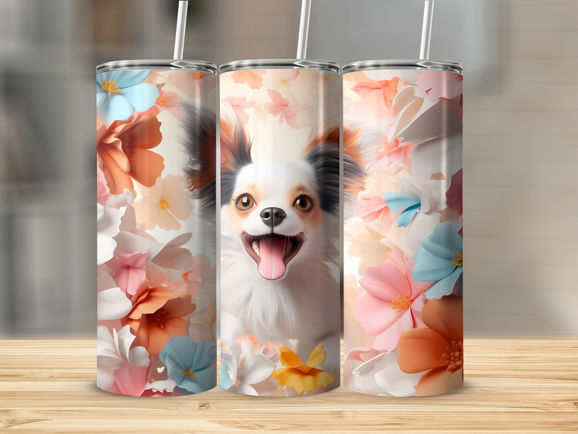 Cheerful Papillon Dog Spring Flower Art Drink Container product type