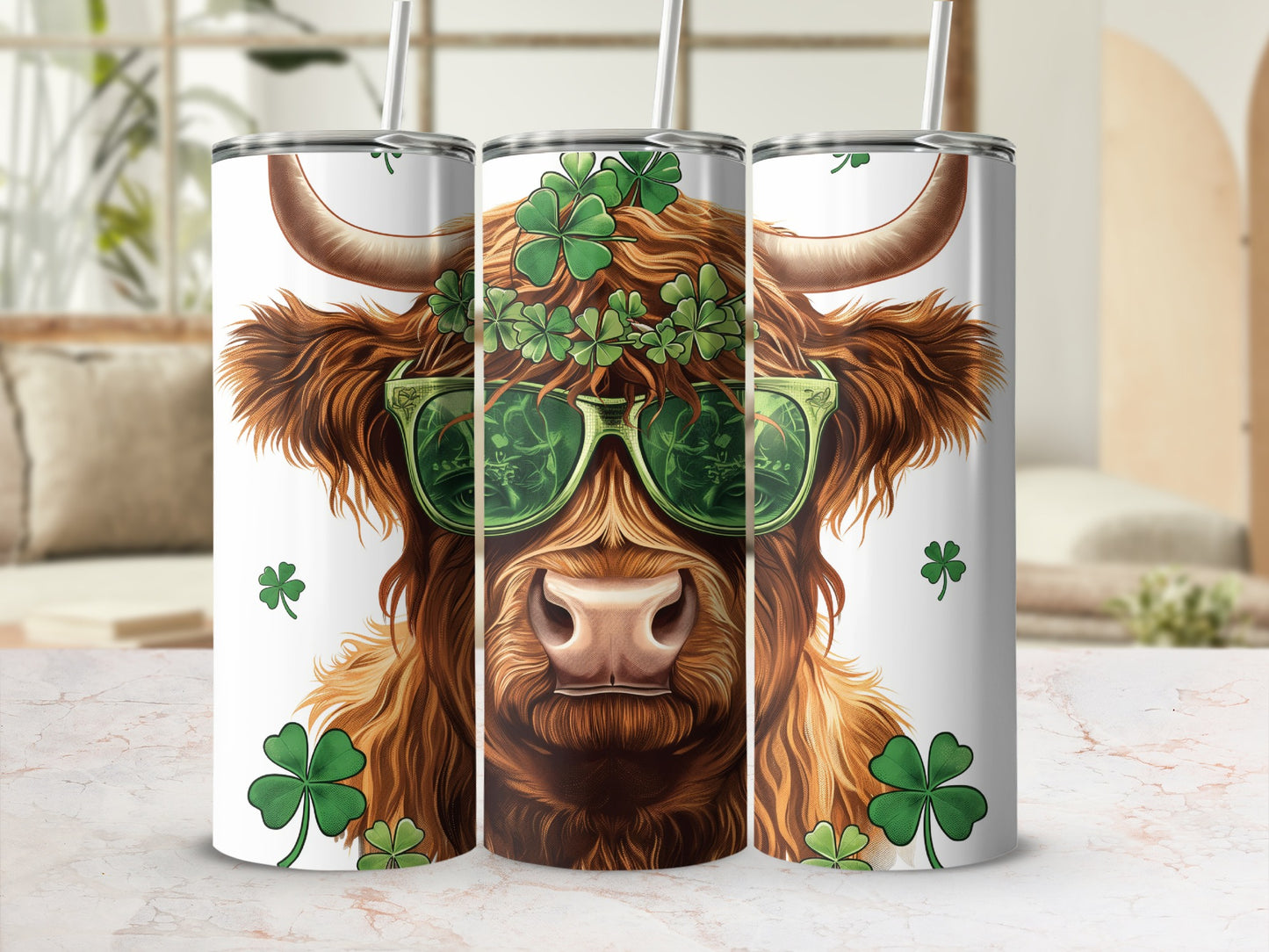Highland cow wearing sunglasses adorned with shamrocks and a shamrock garland.