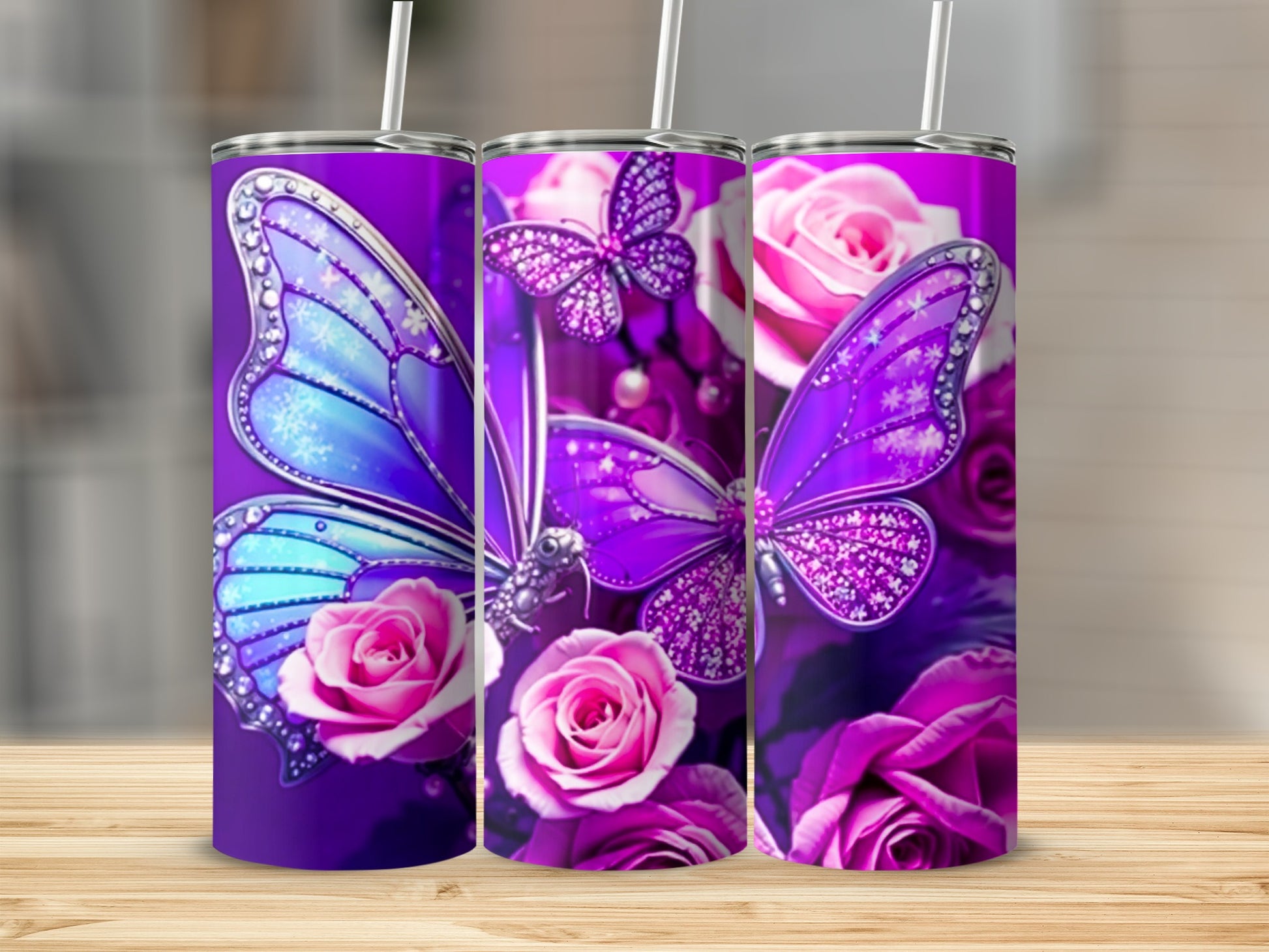 Purple tumblers with iridescent butterflies and pink roses.