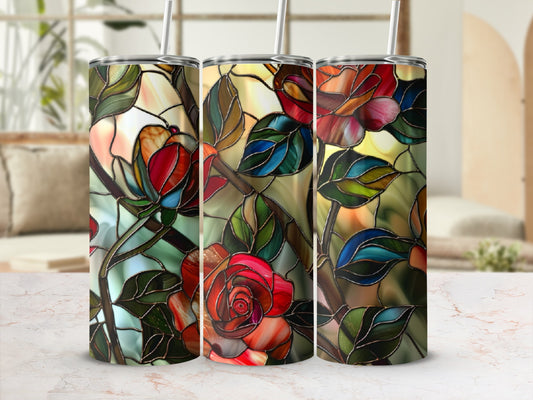 Three stained glass tumblers with red roses and green leaves pattern.