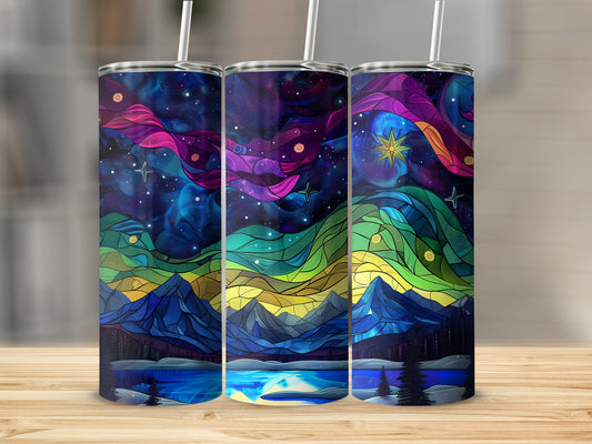 Three tumblers with a colorful stained-glass mountain and aurora borealis design.