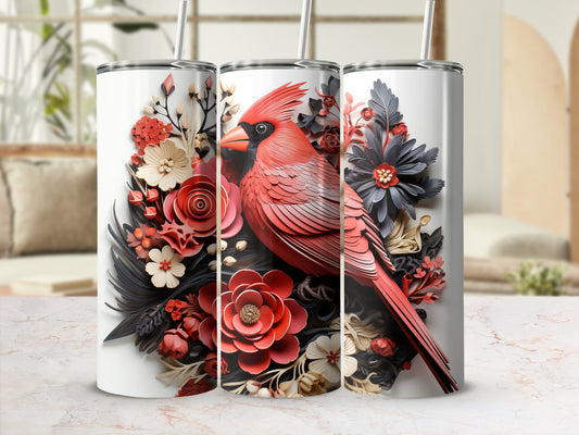 Cardinal with floral accents on a white tumbler with straw.