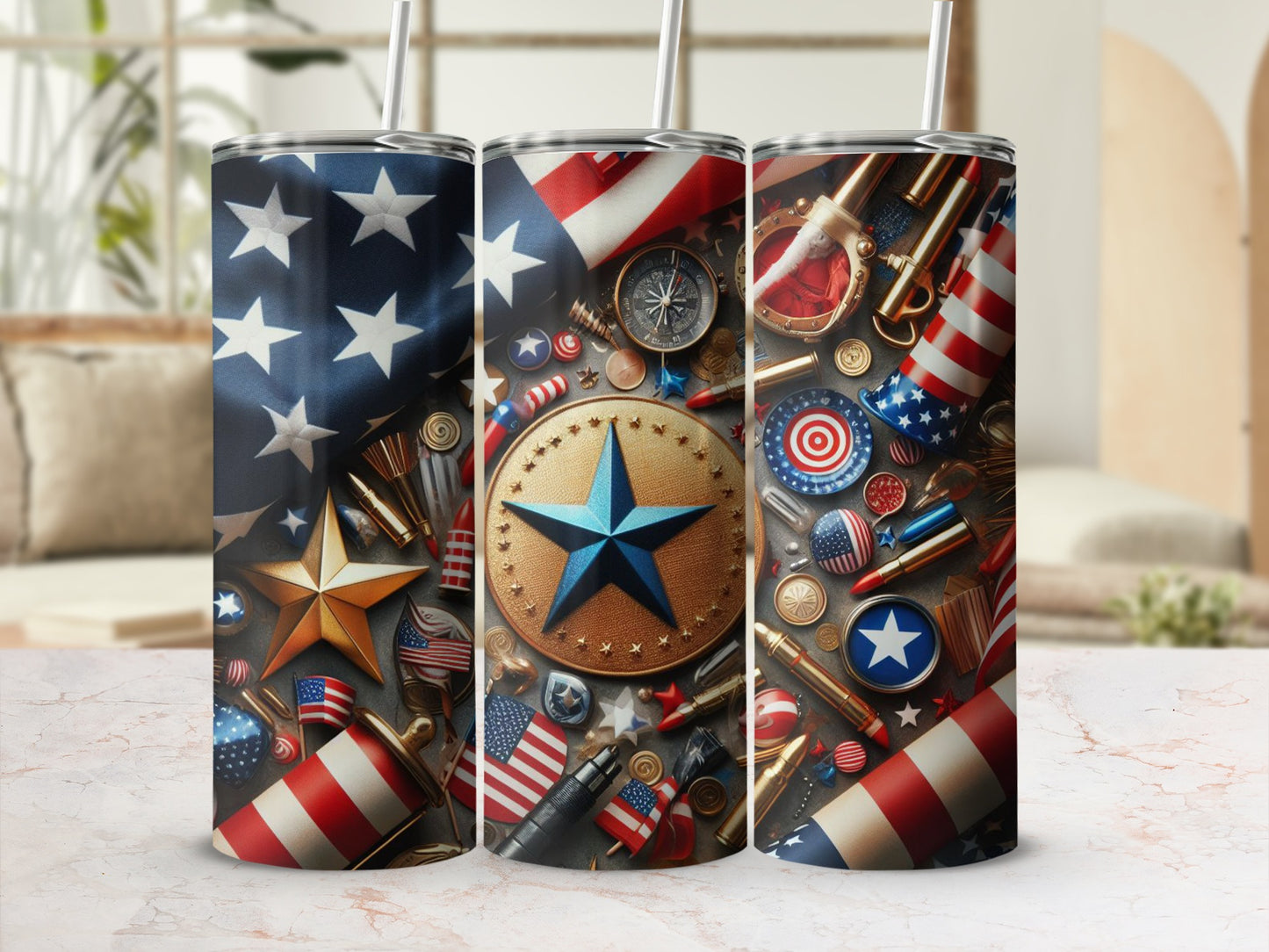 Patriotic tumbler with stars and stripes, coins, and rockets.