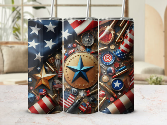 Patriotic tumbler with stars and stripes, coins, and rockets.