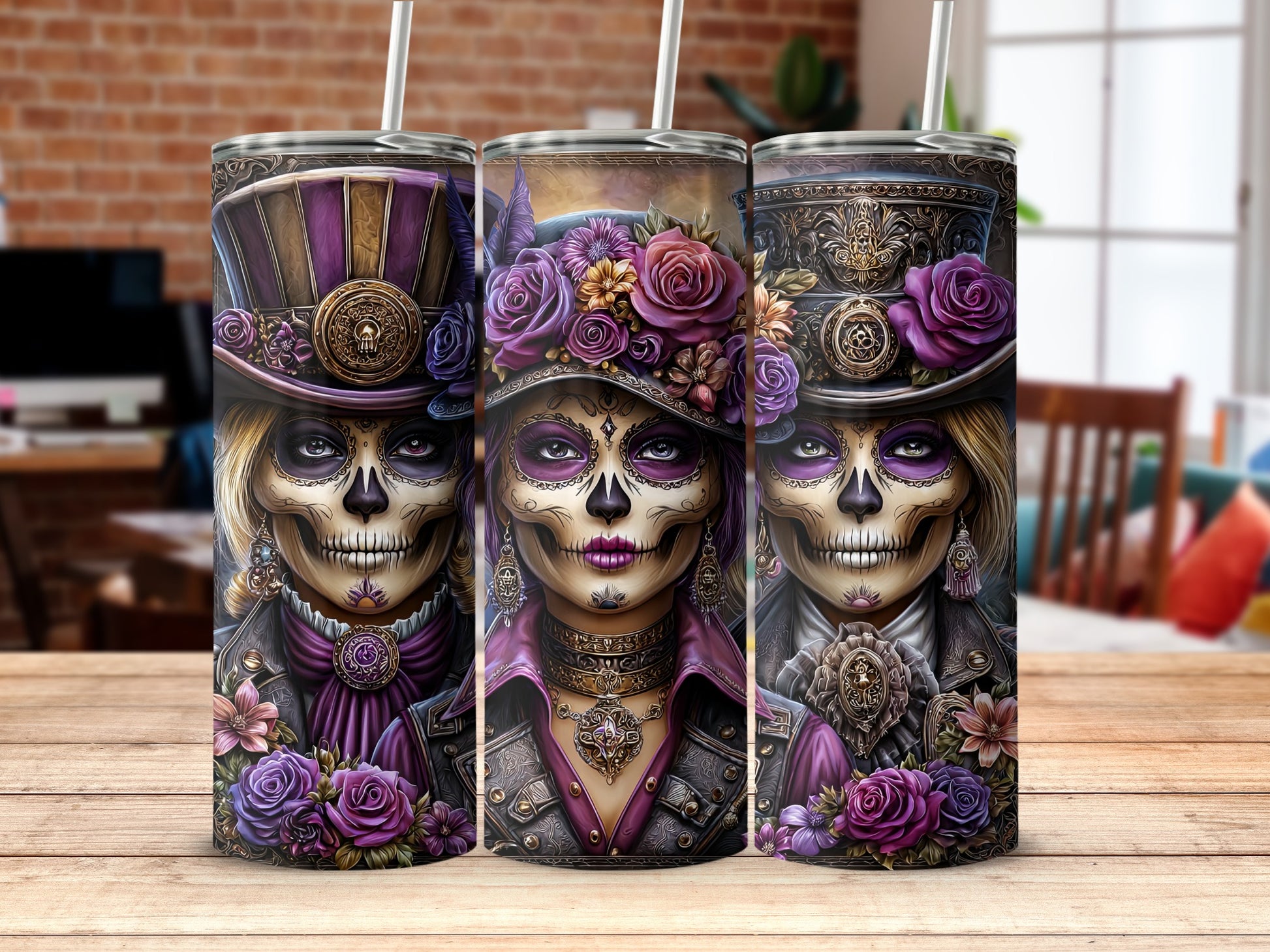 Gothic Skulls and Roses Themed Tumbler Set