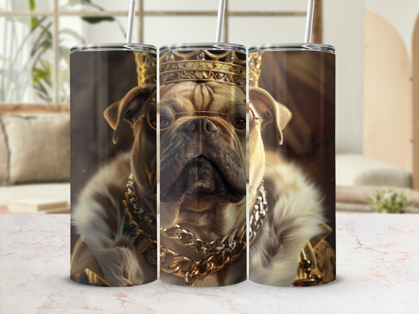 Pug dog wearing crown and jewels with sunglasses and fur collar.