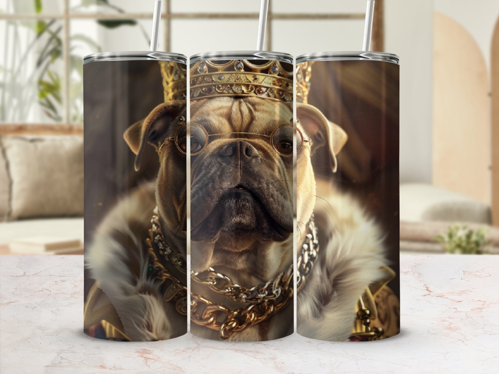 Pug dog wearing crown and jewels with sunglasses and fur collar.