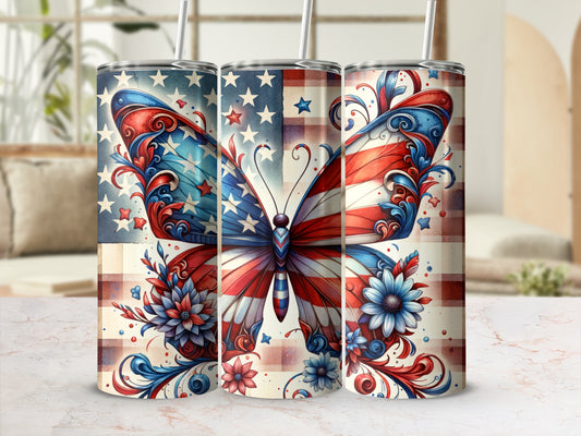 USA flag butterfly with floral accents on a plaid background.